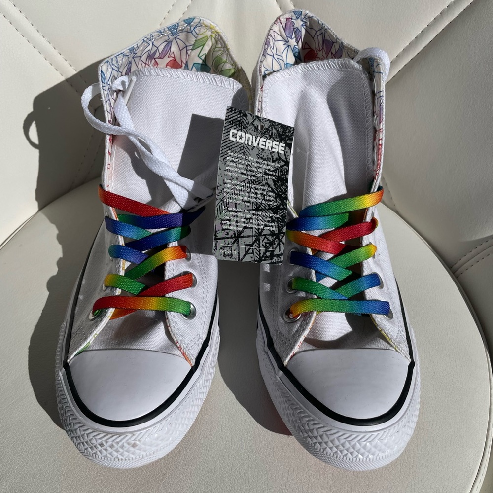 White Converse High Tops with Rainbow Accents M 7 / W 9